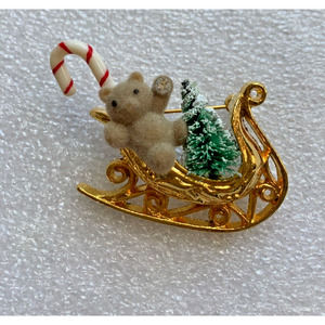 Vintage Christmas Sleigh Ride Brooch Pin Bottle Brush Tree Candy Cane Teddy Bear